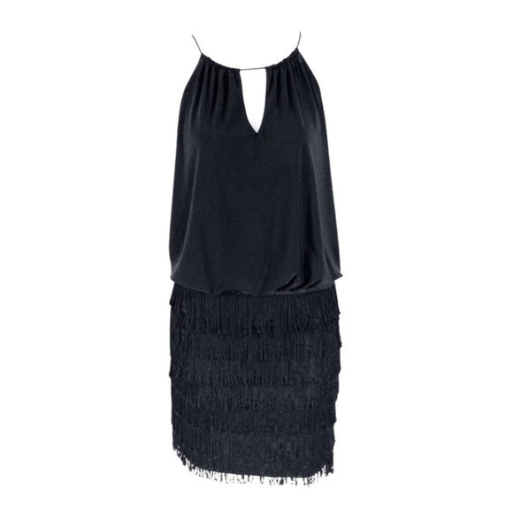 Cache black fringe tiered skirt blouson halter dress 4 D3 - Picture 1 of 11